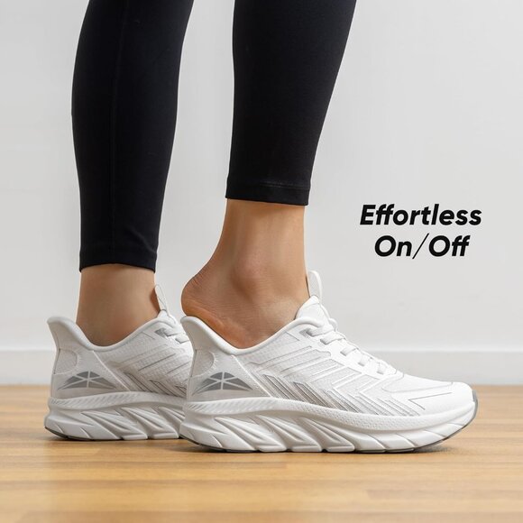 Women's White Slip-On Walking Shoes Comfy Breathable Non-Slip Gym Sneakers - Picture 2 of 8